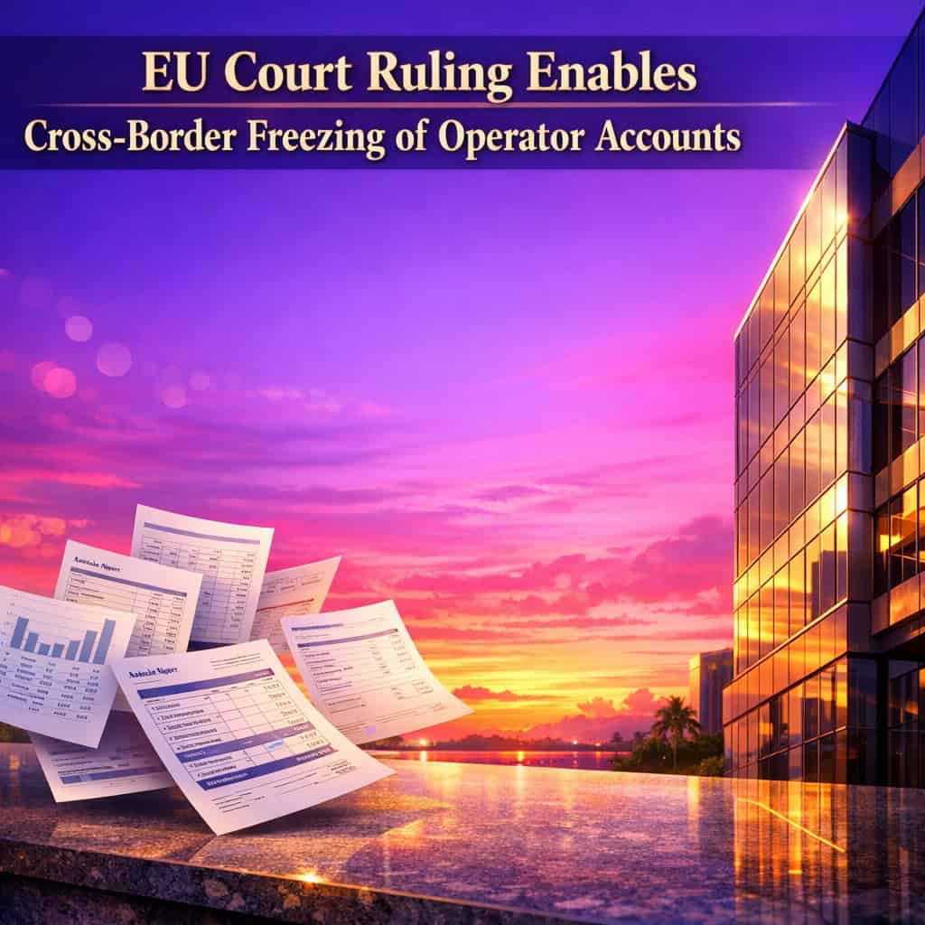 A modern bank building facade with glowing purple and magenta sunset reflections symbolizing cross-border account freezing under EU court authority.