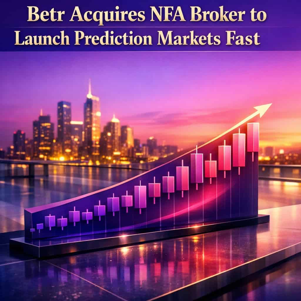 A modern conference floor bathed in daylight features a vibrant purple-to-magenta gradient candlestick chart rising across a sleek desk, symbolizing Betr's acquisition-driven prediction market launch.