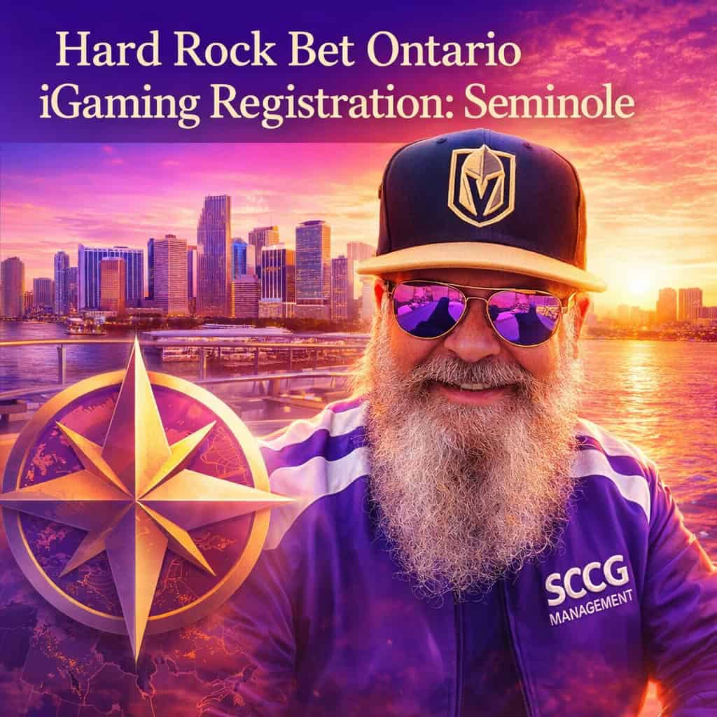 Hard Rock Bet Ontario iGaming registration visualized as a branded compass rose over a vibrant sunset Miami skyline with gradient highlights mapping U.S. to Canadian expansion.