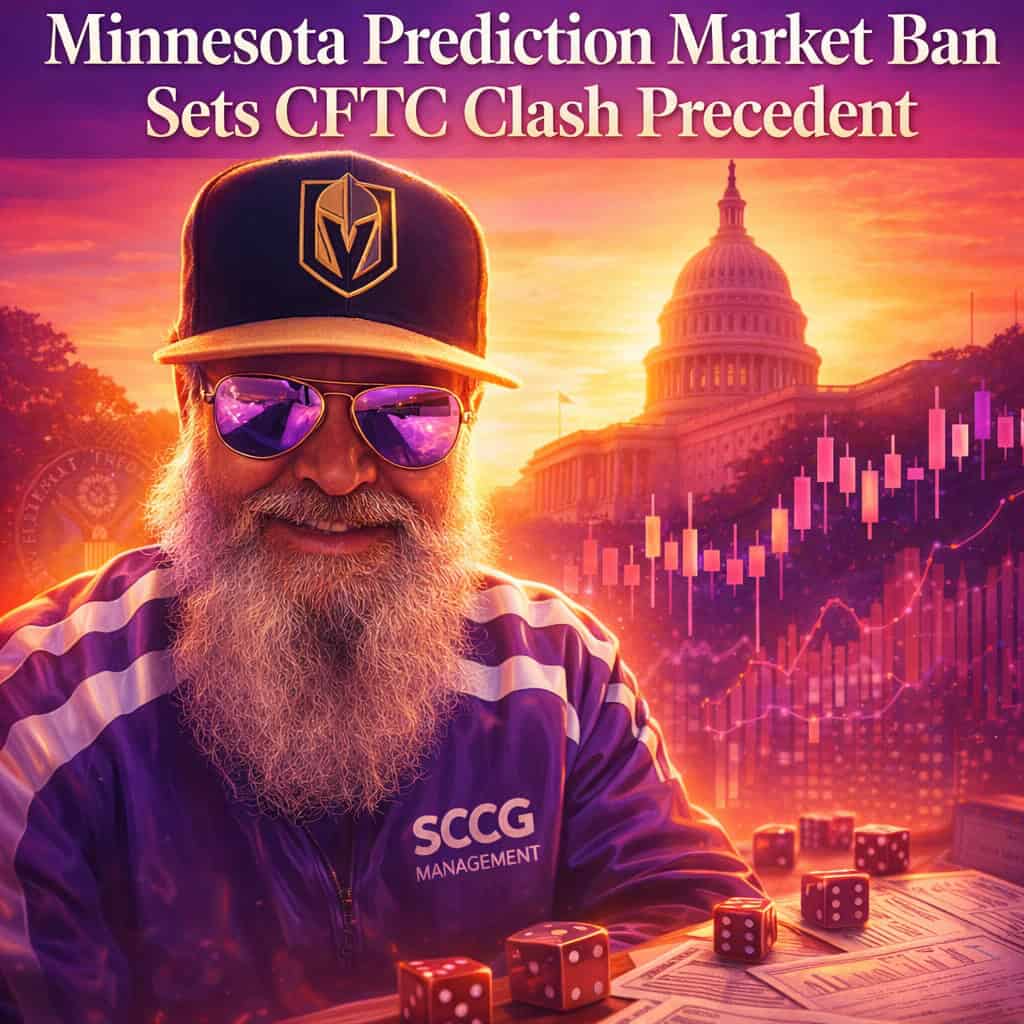 Minnesota prediction markets ban illustration showing a candlestick chart with scattered dice and contracts on a desk under a capitol dome silhouette.