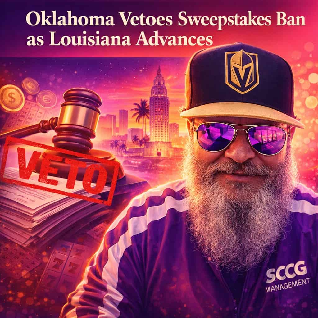 Split-scene illustration of Oklahoma veto stamp blocking a gavel on one side and Louisiana state capitol with layered enforcement documents on the other, symbolizing contrasting sweepstakes regulation approaches.