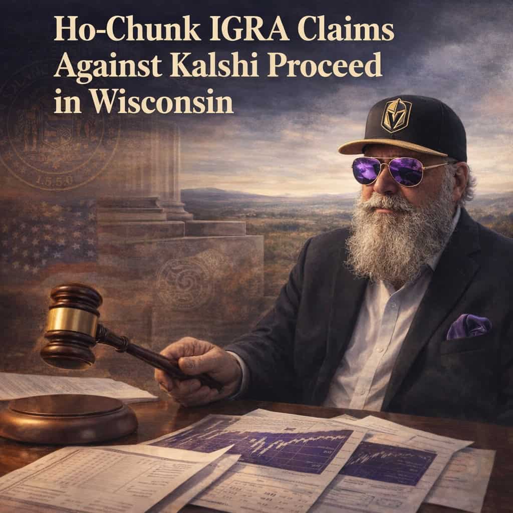 Bearded man in Vegas Golden Knights cap and suit observes gavel on desk with tribal sovereignty motifs, federal seal, and prediction market charts amid Wisconsin courthouse backdrop.