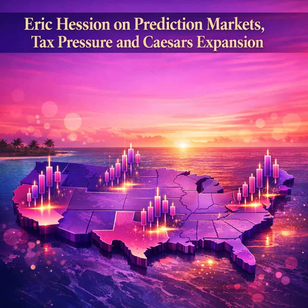 Stylized map of North America with glowing purple and magenta highlights on California, Texas, Alberta, Maine, and Washington D.C., overlaid with rising prediction-market candlestick charts against a vibrant sunset horizon.