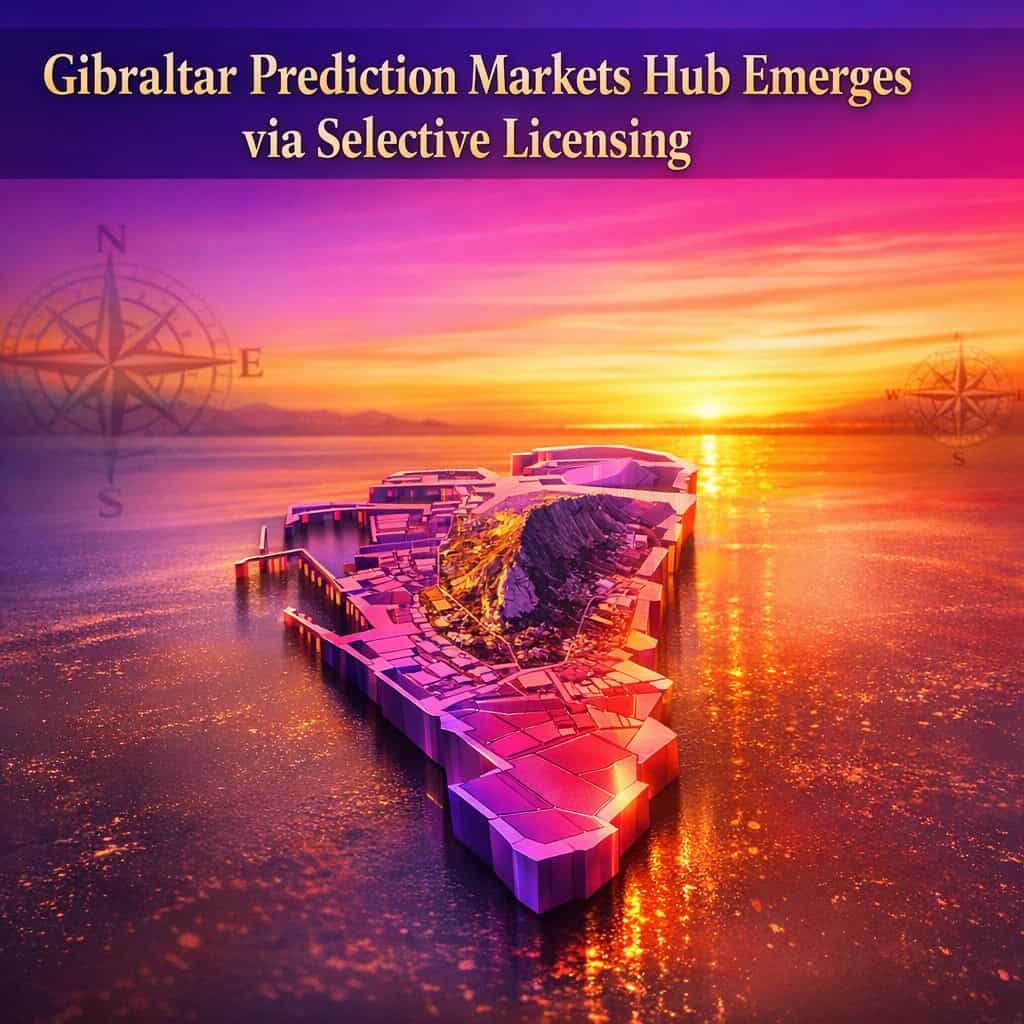 Sunset over a stylized map of Gibraltar with vibrant purple and magenta gradients highlighting the territory as a prediction markets hub.