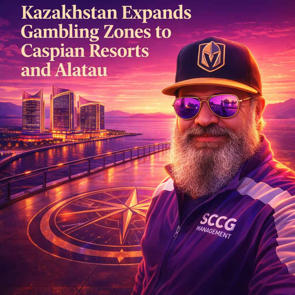 Modern coastal resort skyline at sunset with glowing casino towers reflected on calm Caspian waters and faint map lines tracing new gambling zones.
