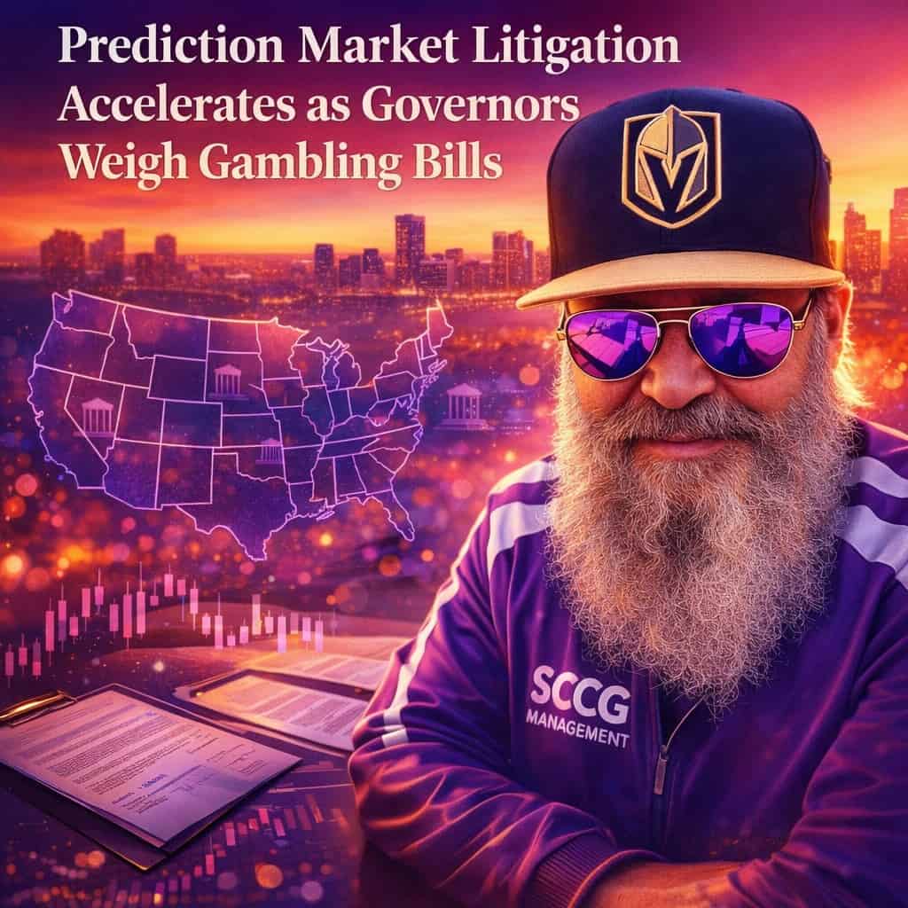 Prediction market litigation scene with glowing candlestick charts over a modern desk under vibrant purple and magenta sunset lighting.