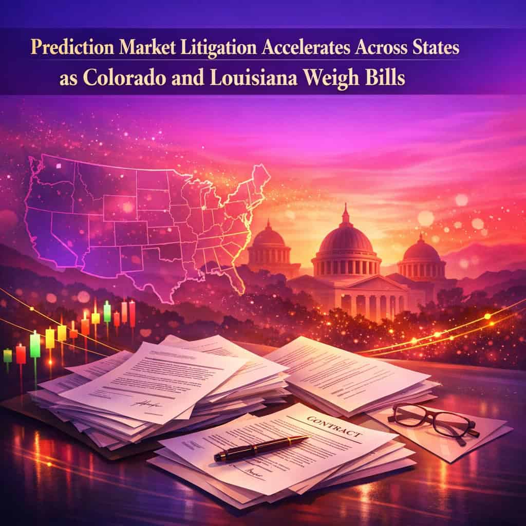 Prediction market litigation scene showing courtroom documents and candlestick charts under a vibrant purple and magenta sunset sky.