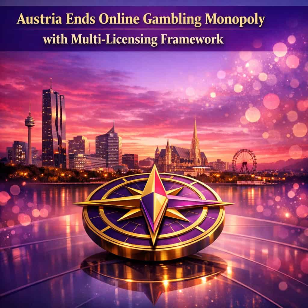 Modern Austrian city skyline at sunset with stylized regulatory compass rose and layered gradient overlays representing a shift from monopoly to multi-license online gambling.