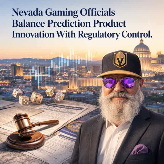 Editorial-style graphic showing a suited man wearing purple sunglasses and a black-and-gold cap in front of a Las Vegas-style skyline, with gaming regulation documents, a gavel, dice, and financial chart overlays beneath the headline “Nevada Gaming Officials Balance Prediction Product Innovation With Regulatory Control.”