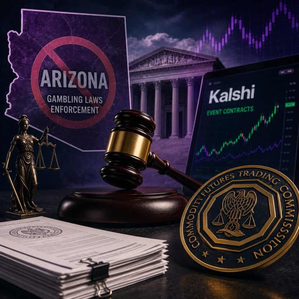 Federal judge's gavel strikes near CFTC seal and Kalshi contracts on a courthouse desk, with Arizona state outline fading into a U.S. Capitol silhouette.
