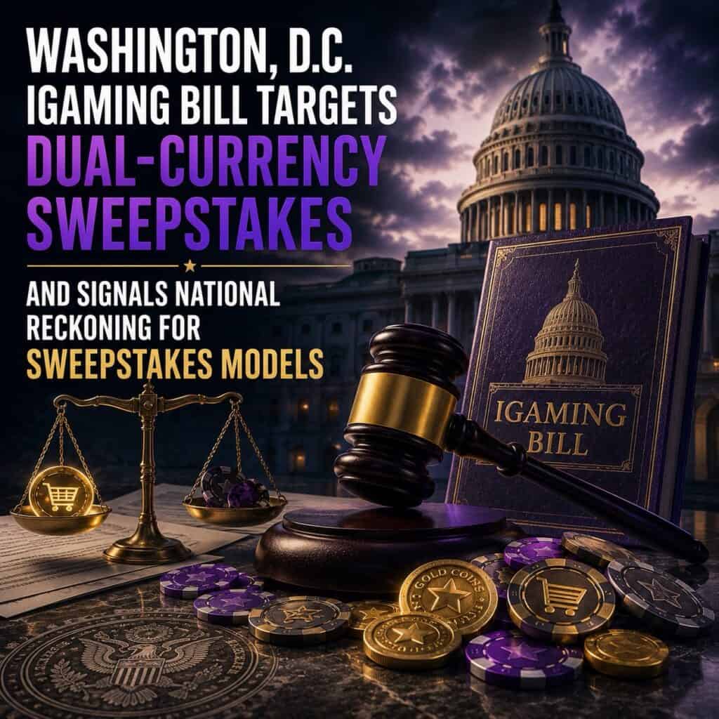 Gavel striking on dual-currency tokens atop ledger pages amid Washington D.C. Capitol dome silhouette, symbolizing regulatory crackdown on sweepstakes models.