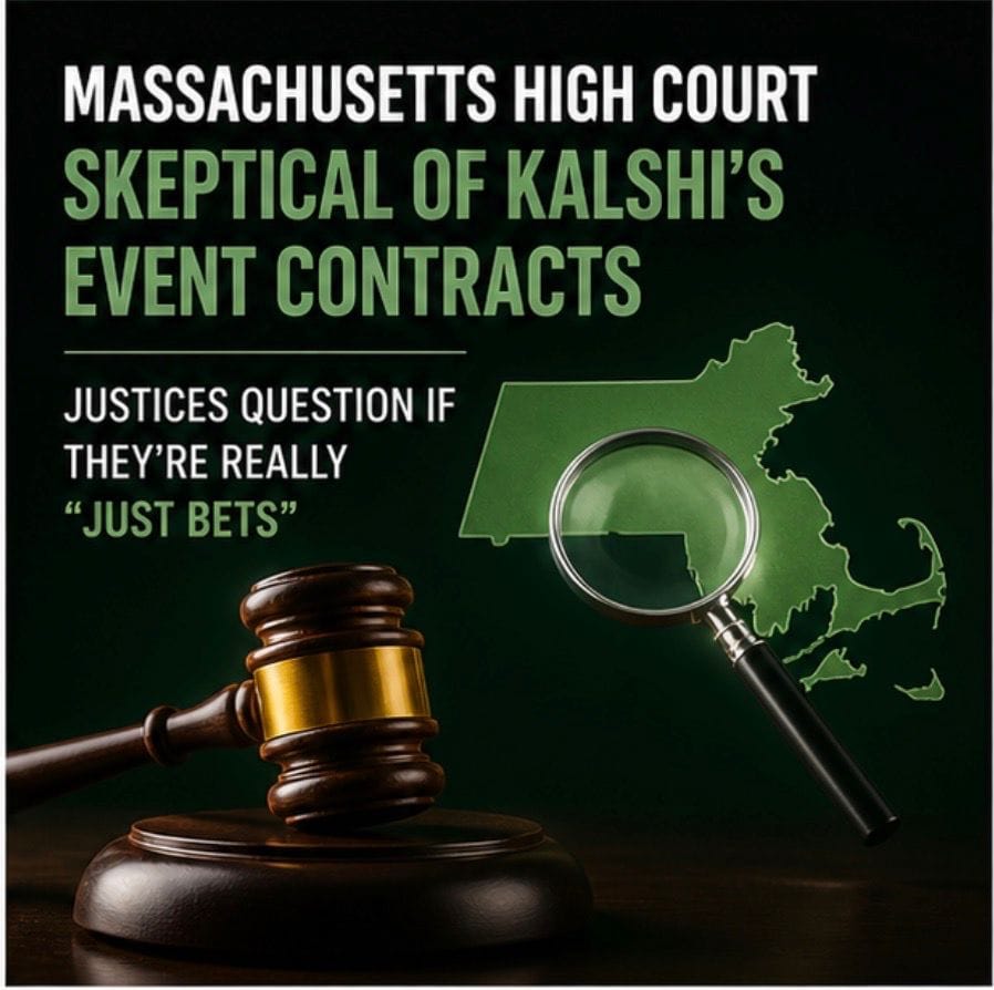 Graphic showing a judge’s gavel and a magnifying glass over a map of Massachusetts, with text about the Massachusetts high court expressing skepticism toward Kalshi’s event contracts.