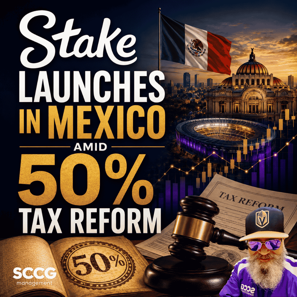 Square promotional graphic reading “Stake launches in Mexico amid 50% tax reform,” featuring the Mexican flag, a domed landmark, a stadium, financial chart overlays, a gavel, and legal documents.