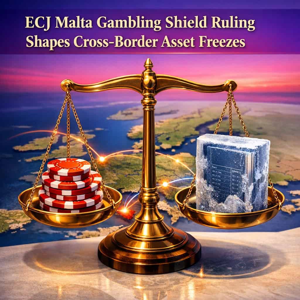 European court scales balanced between Maltese casino chips and a frozen bank ledger under a vibrant purple-magenta sunset sky.