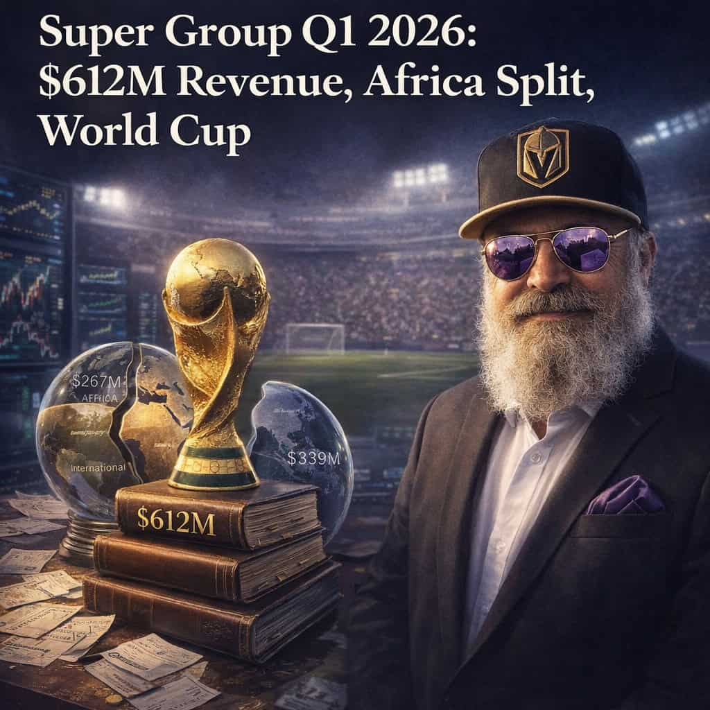A gleaming trophy atop stacked financial ledgers and glowing world map screens, split between African and international regions, with digital scoreboards and candlestick charts overlaying a soccer field.