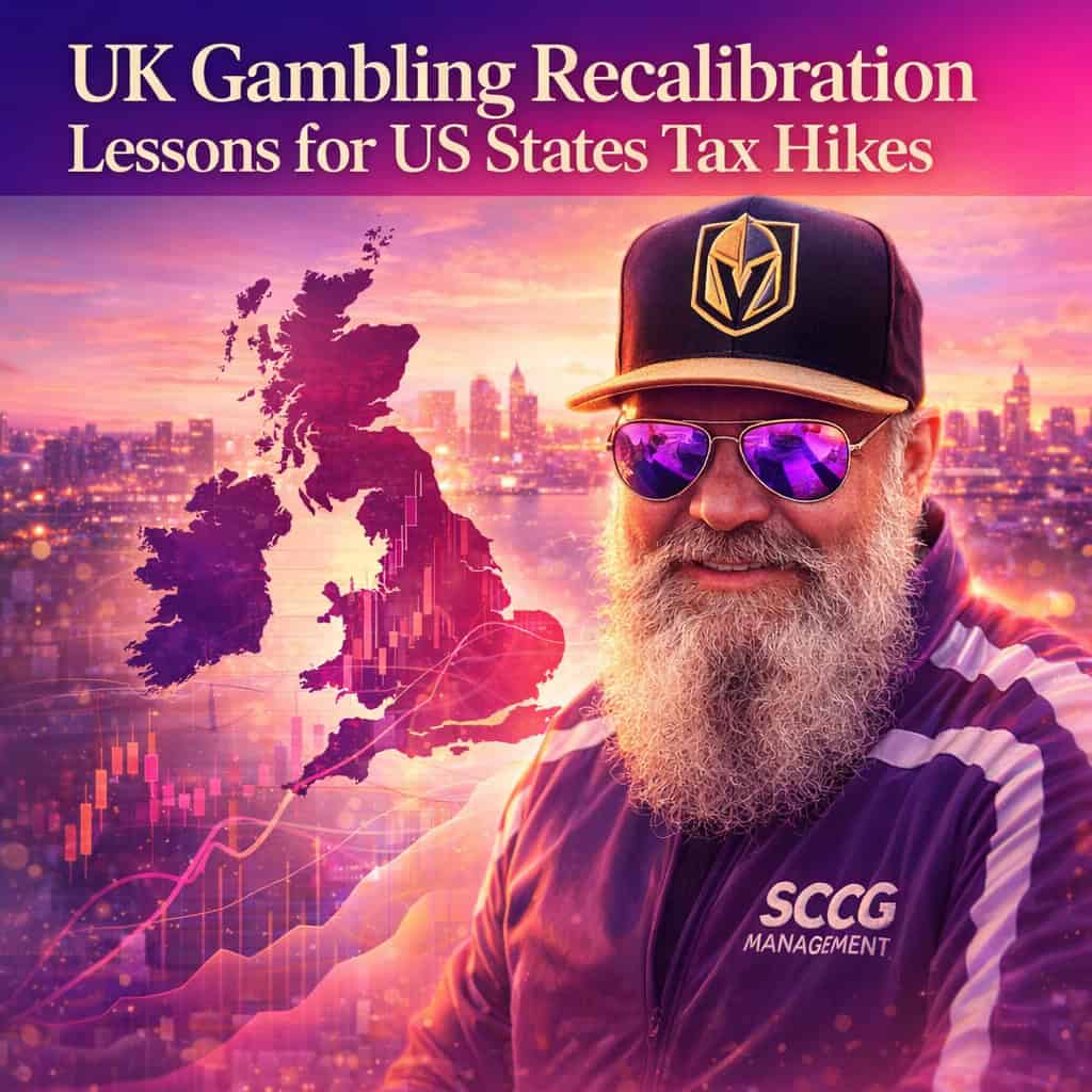 Modern abstract visualization of UK gambling market recalibration with vibrant purple and magenta gradients showing strategic growth amid tax and bonus restrictions.