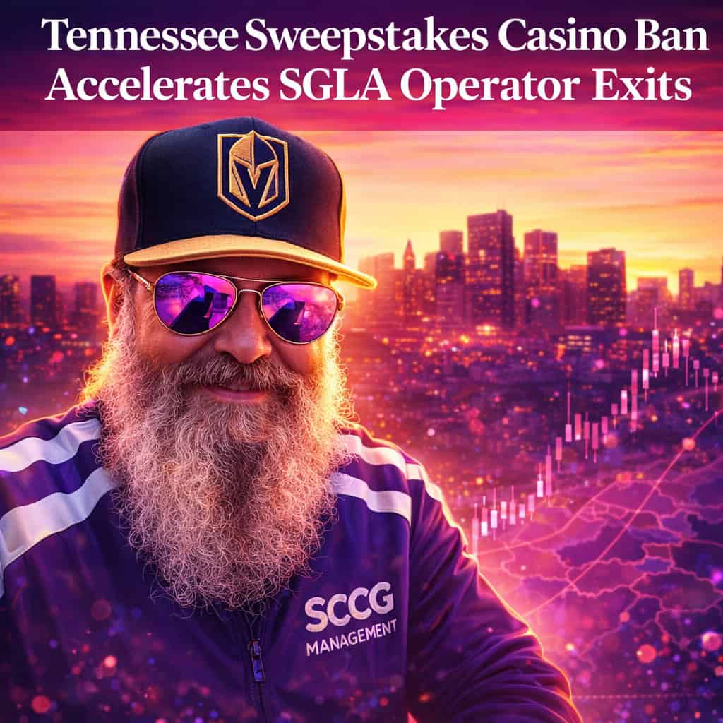 Confident operator in branded cap, sunglasses, and striped jacket stands before a vibrant sunset over a modern city skyline, symbolizing Tennessee sweepstakes casino ban and capital reallocation.