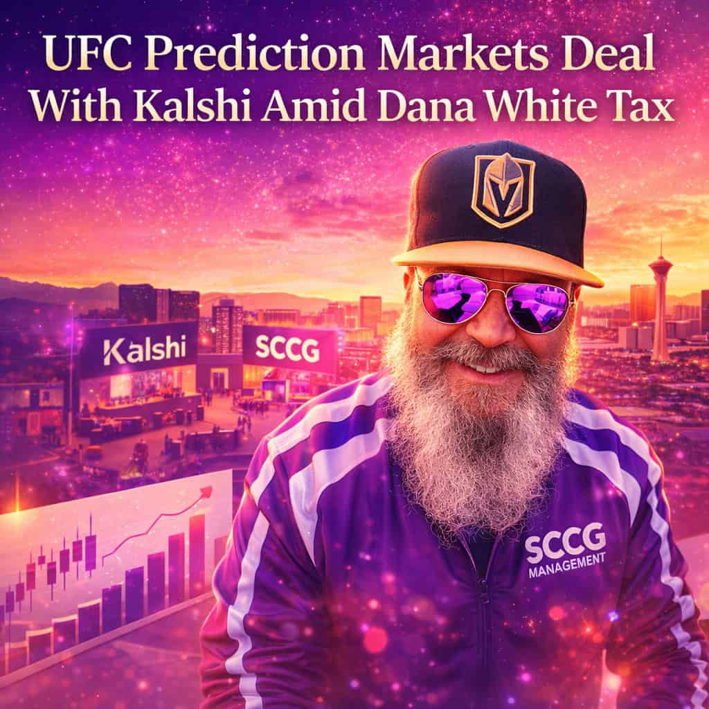 UFC prediction markets partnership scene showing branded shorts and billboards under vibrant sunset lighting with stylized data visualizations.