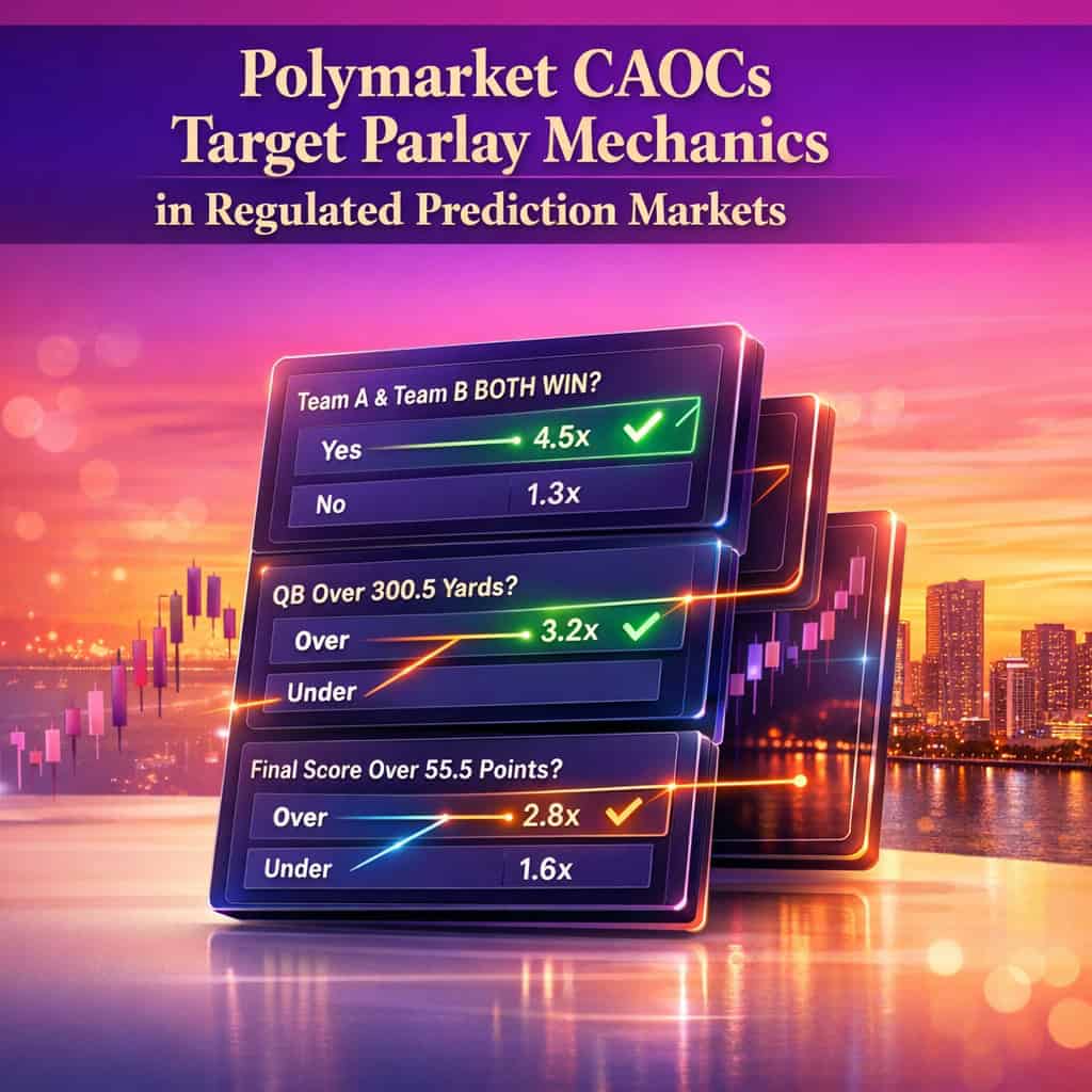 Futuristic Polymarket trading interface displaying Combinatorial Athletic Outcome Contracts with layered sports parlay mechanics on a vibrant purple gradient.