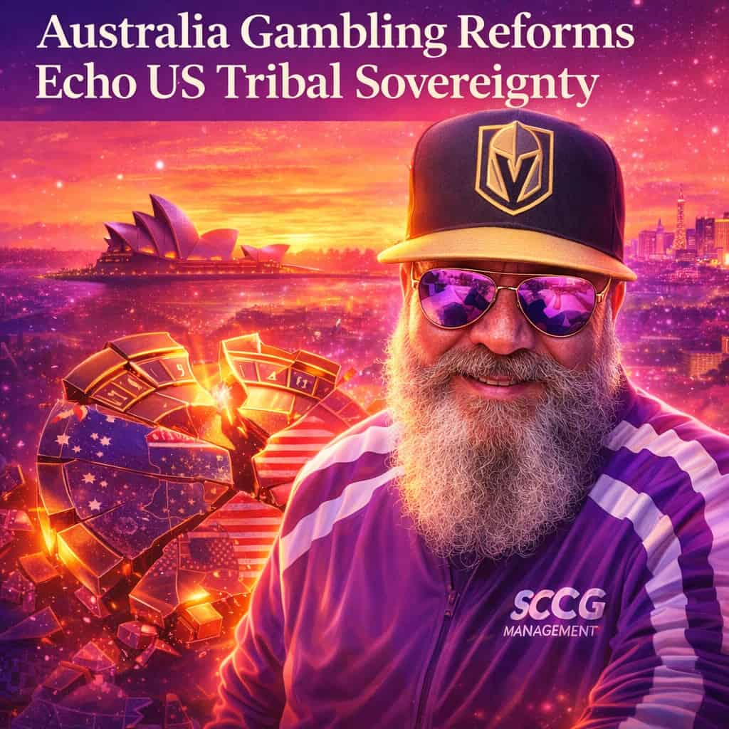 Split scene of Australian and US flags overlaying a fractured gambling wheel against a regulatory map, symbolizing federal-state reform tensions.