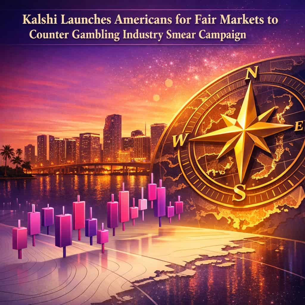 A vibrant sunset over a stylized city skyline with glowing candlestick charts and a compass rose on a purple and magenta gradient background, representing prediction market advocacy.