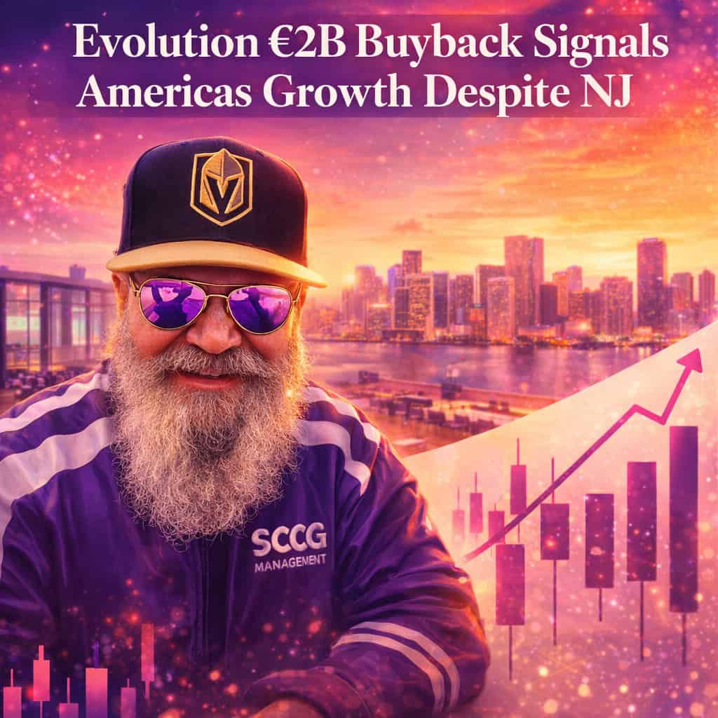 Evolution AB share buyback announcement visualized with vibrant purple and magenta candlestick growth curves on a light background against a sunset Miami skyline.