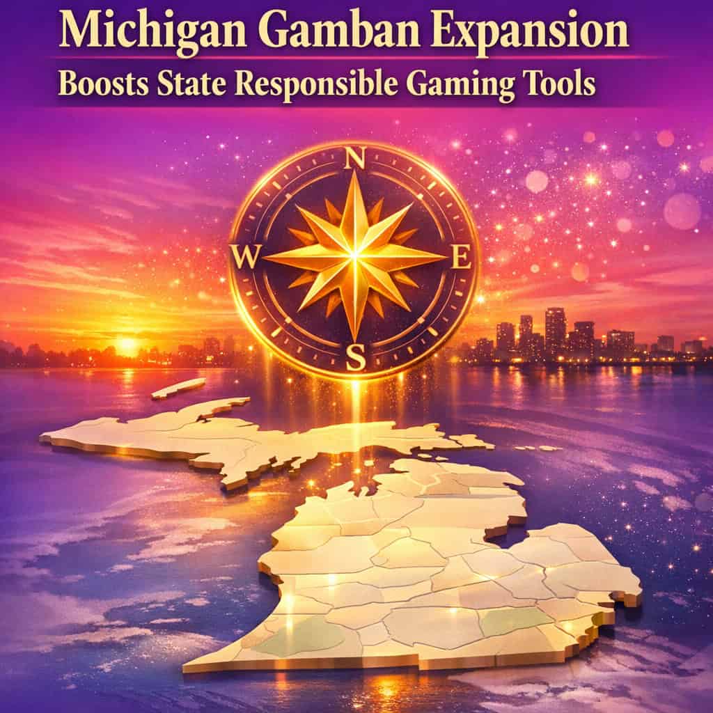 Michigan state map highlighted with Gamban software blocks on a vibrant purple and magenta gradient background representing consumer-side responsible gaming tools.