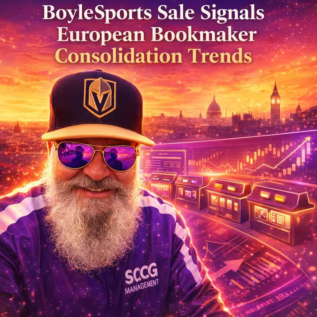 European bookmaker consolidation scene with 390 retail outlets represented through stylized storefront icons merging into a vibrant online gambling platform under a purple and magenta sunset sky.