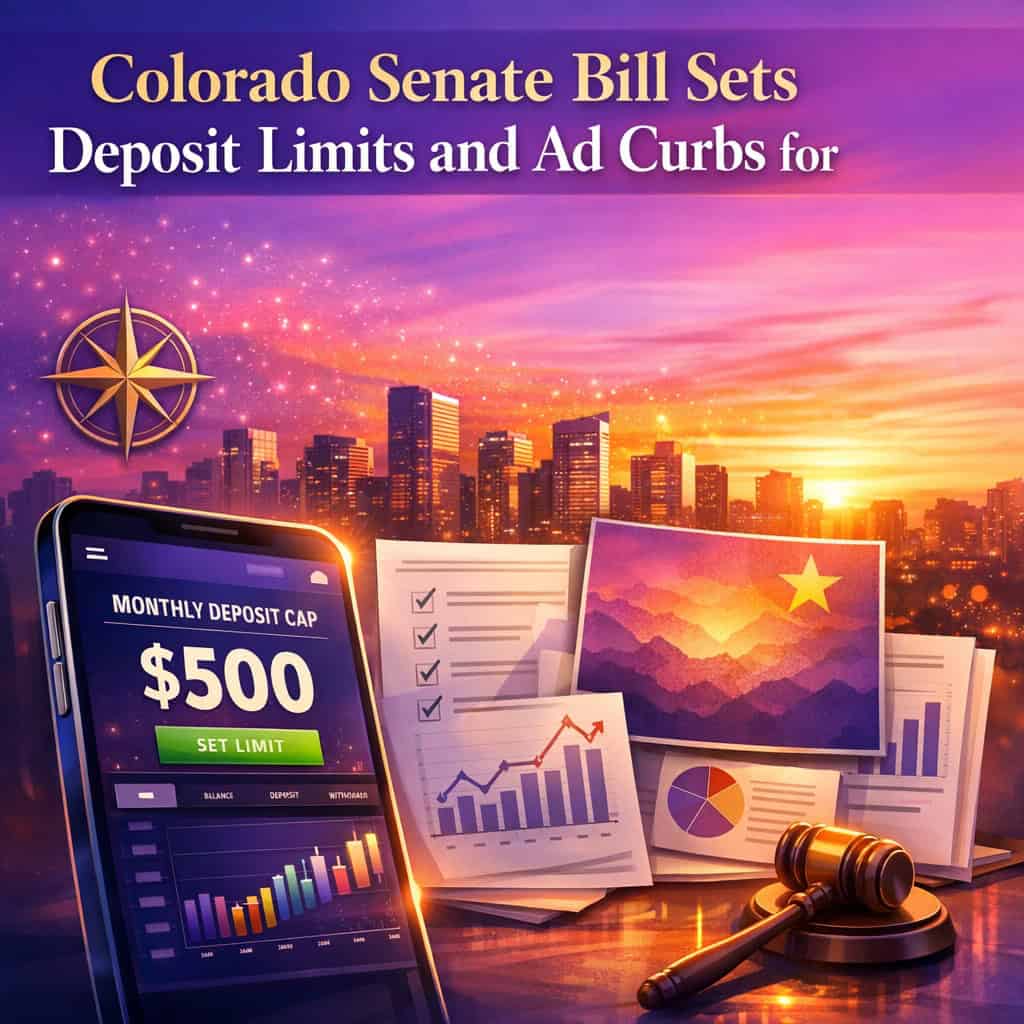 Illustration of a modern sports betting interface displaying a $500 monthly deposit limit with regulatory documents and Colorado state elements in the background.