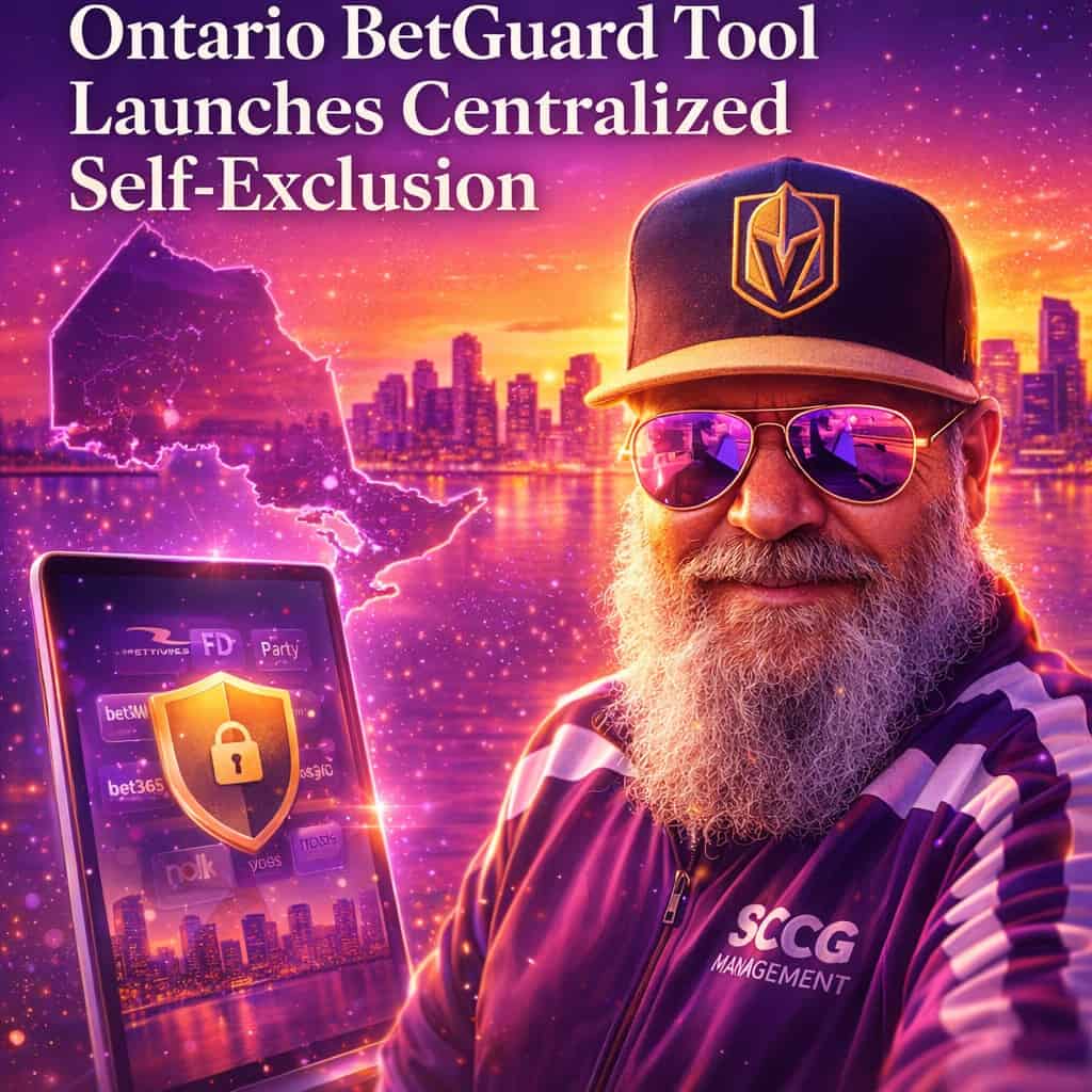 Modern digital registry interface blocking access to multiple Ontario gambling platforms with a glowing central shield icon and purple sunset skyline.