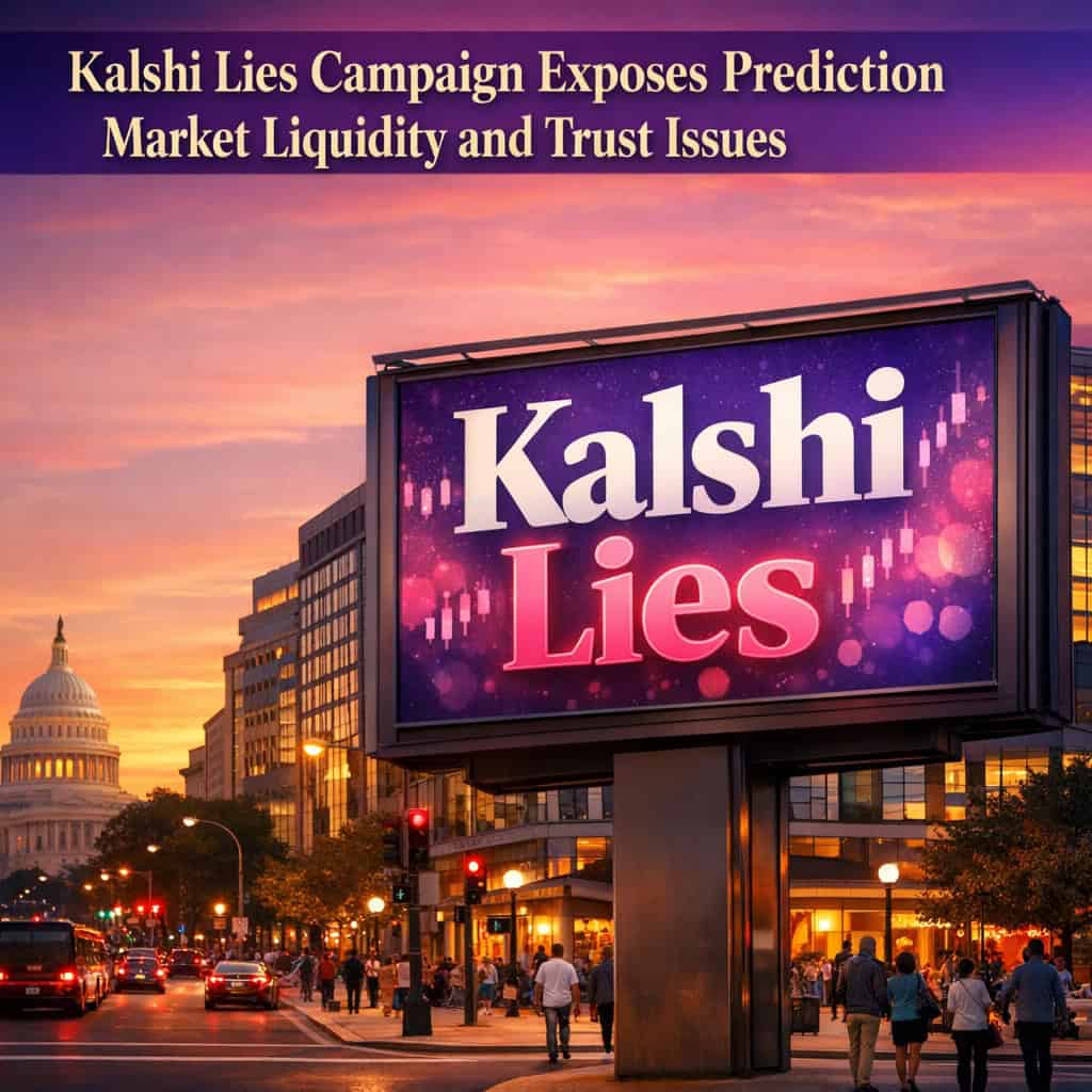 Billboard in Washington DC mimicking Kalshi’s marketing with ‘Kalshi Lies’ tagline, highlighting prediction market liquidity and market maker concentration.