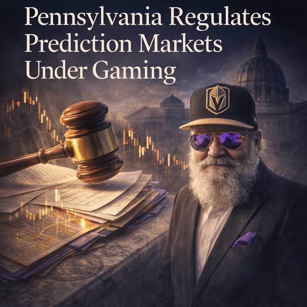 Gavel rests on ledger pages overlaid with candlestick charts and Pennsylvania state seal amid courthouse marble textures, symbolizing regulation of prediction markets.