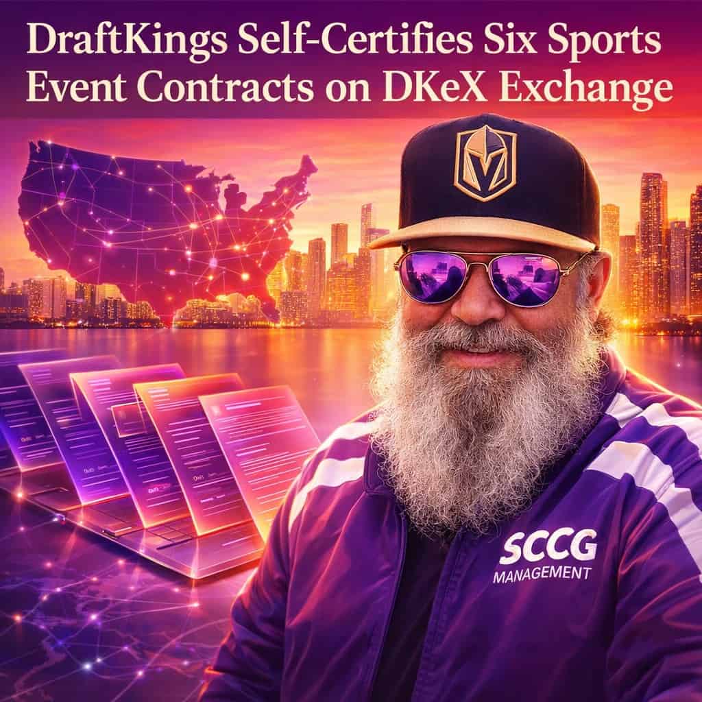 DraftKings DKeX exchange platform with self-certified sports event contracts shown as glowing purple and magenta digital contracts floating over a vibrant sunset city skyline.