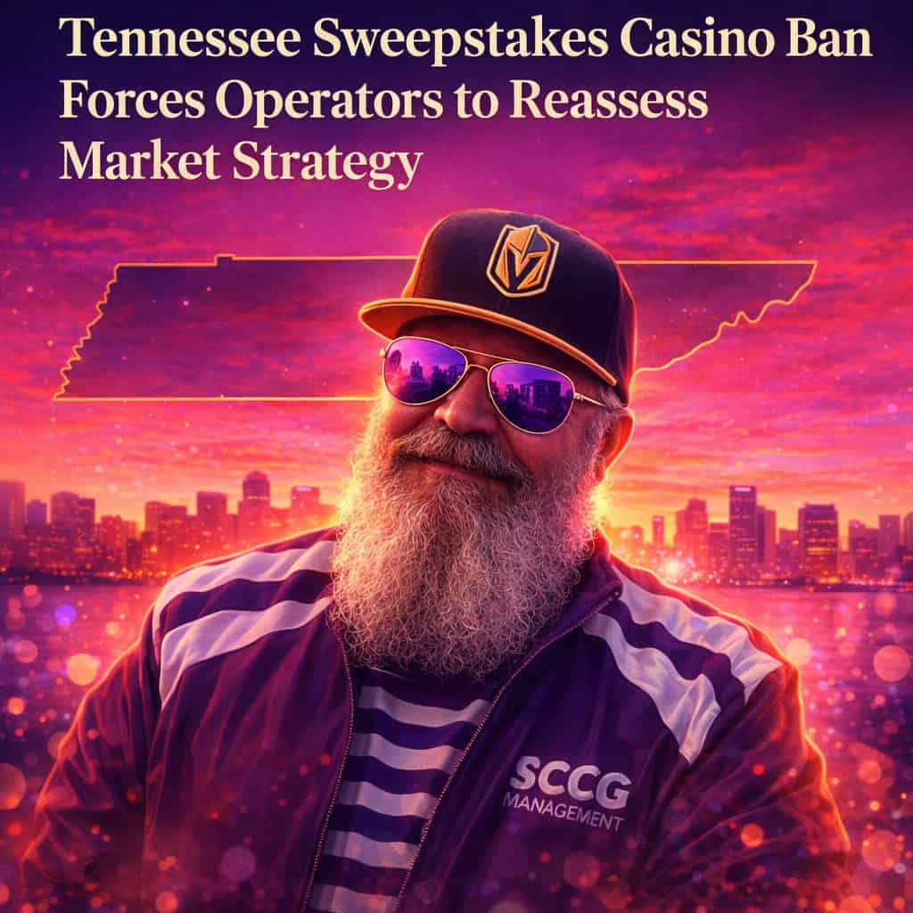 Steve in cap, sunglasses, and striped jacket stands in foreground against a vibrant purple-and-magenta sunset skyline, symbolizing Tennessee's sweepstakes casinos ban.