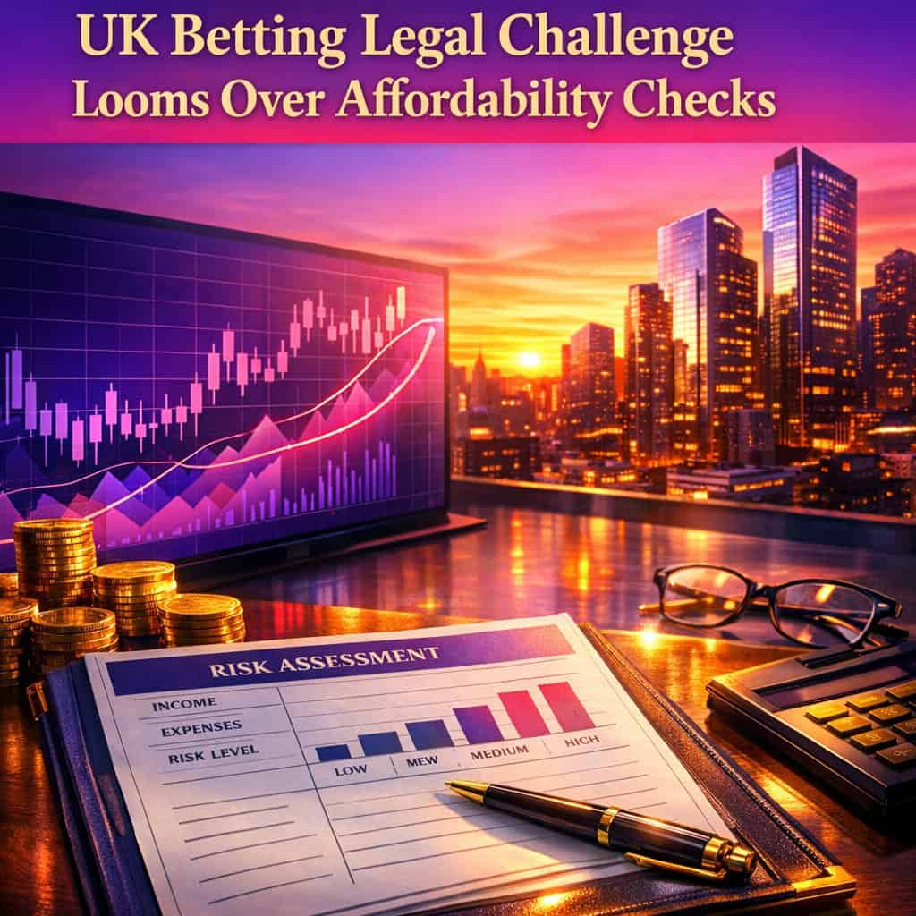 A dramatic sunset over a modern city skyline with vibrant purple and magenta gradients reflecting off glass towers, symbolizing the UK betting industry facing regulatory challenges.