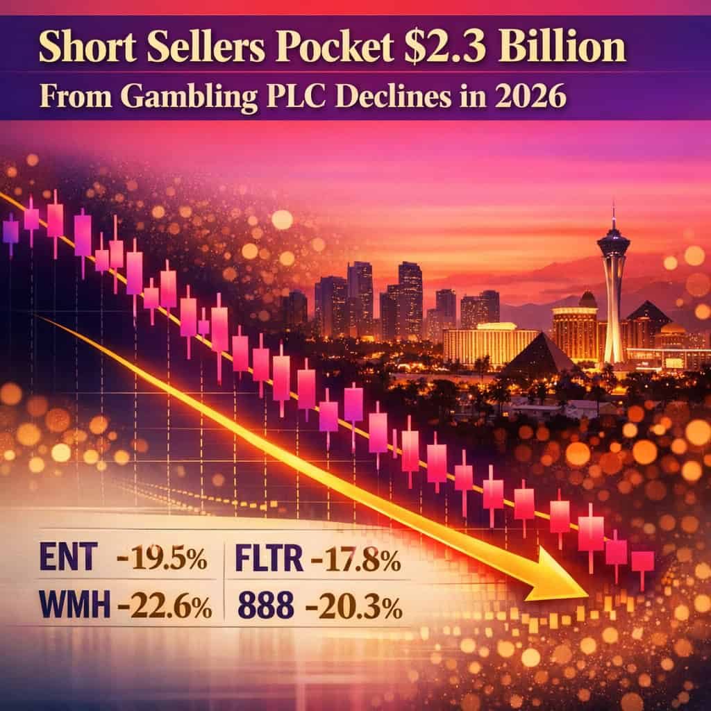Vibrant candlestick charts in purple and magenta gradients showing steep share price declines for online gambling stocks amid sunset city skyline.