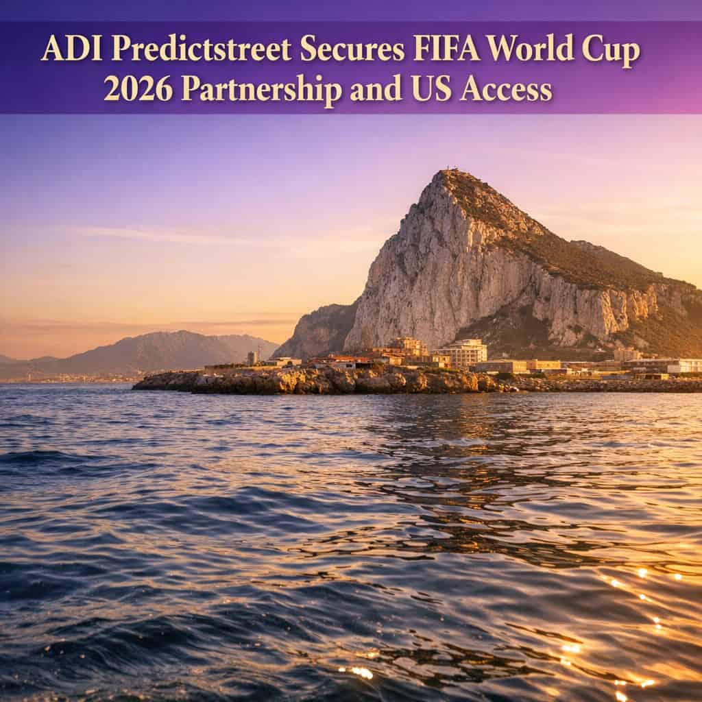 Modern Gibraltar waterfront at golden hour with a glowing horizon over calm water and low hills.