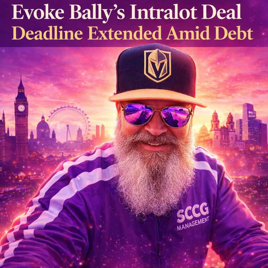 Steve stands in confident cool-operator pose wearing a branded cap, sunglasses, beard, striped jacket and wordmark, positioned against a vibrant purple and magenta sunset skyline that evokes Bally’s Intralot deadline extension and evoke M&A debt risks.