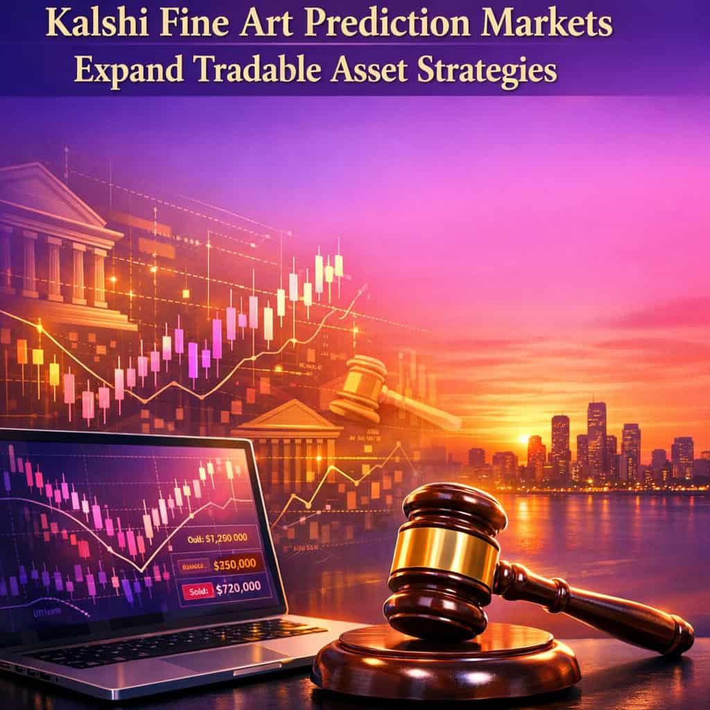 Fine art auction gavel next to vibrant candlestick charts and stylized auction results on a modern trading interface with purple and magenta gradients.