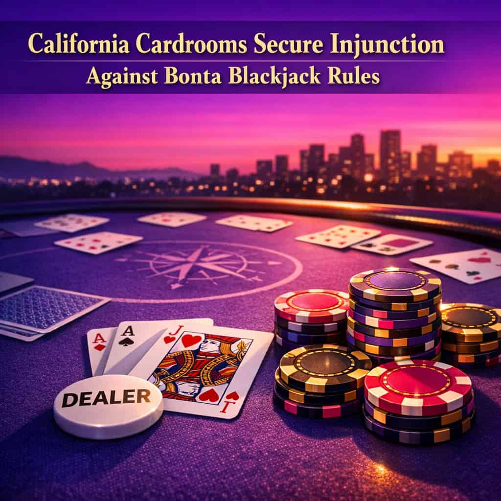 A vibrant gaming table scene with blackjack-style cards and chips under warm sunset light, highlighting California cardroom operations amid ongoing regulatory developments.