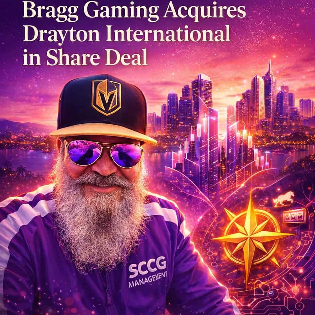 Vibrant merger of gaming skylines over a sunset horizon, symbolizing Bragg Gaming's share-based acquisition of Drayton International and US iGaming expansion.