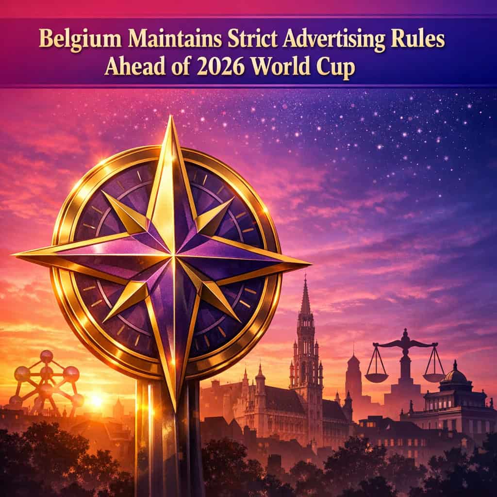 A vibrant branded compass rose on a sunset city skyline with gradient purple and magenta tones symbolizing Belgium's firm stance on advertising rules ahead of the World Cup betting surge.