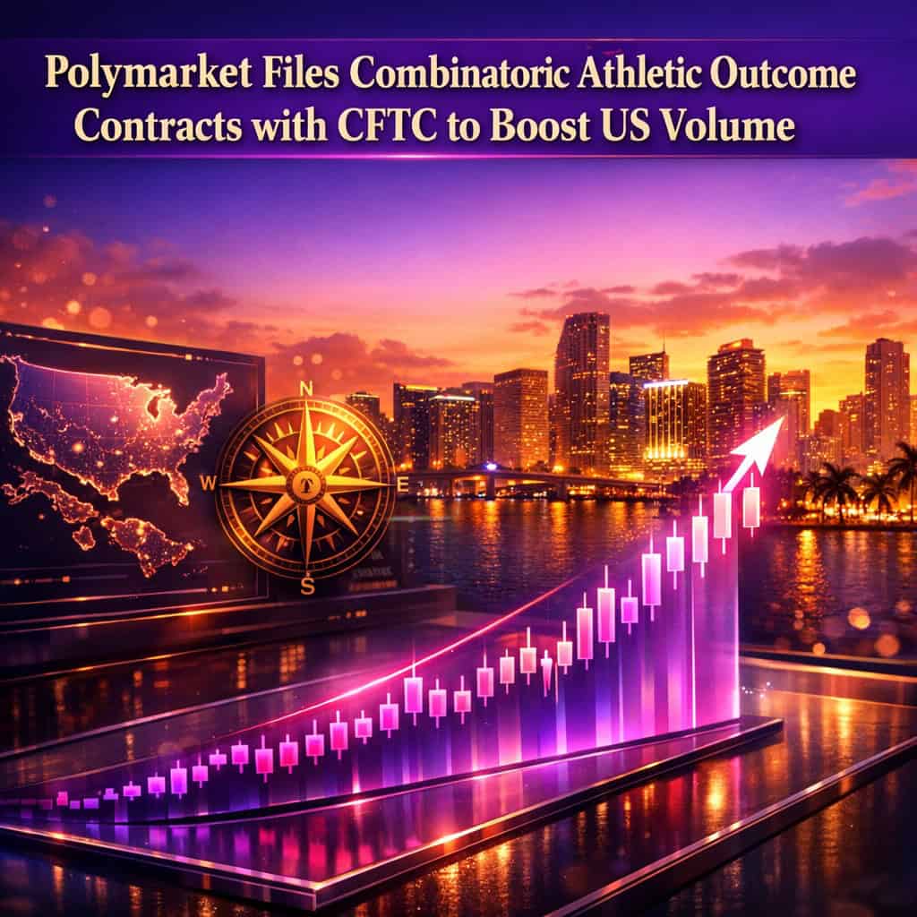 Vibrant sunset skyline over a modern city with overlaid purple and magenta candlestick charts and stylized prediction market growth curves.