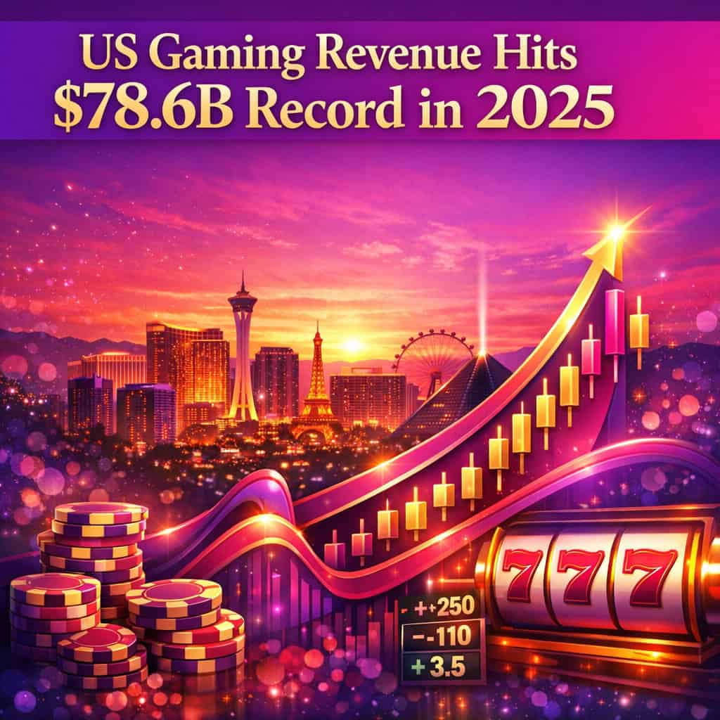 Vibrant upward-trending revenue charts and gaming icons rise against a Las Vegas skyline bathed in sunset glow, symbolizing $78.6 billion US commercial gaming growth in 2025.