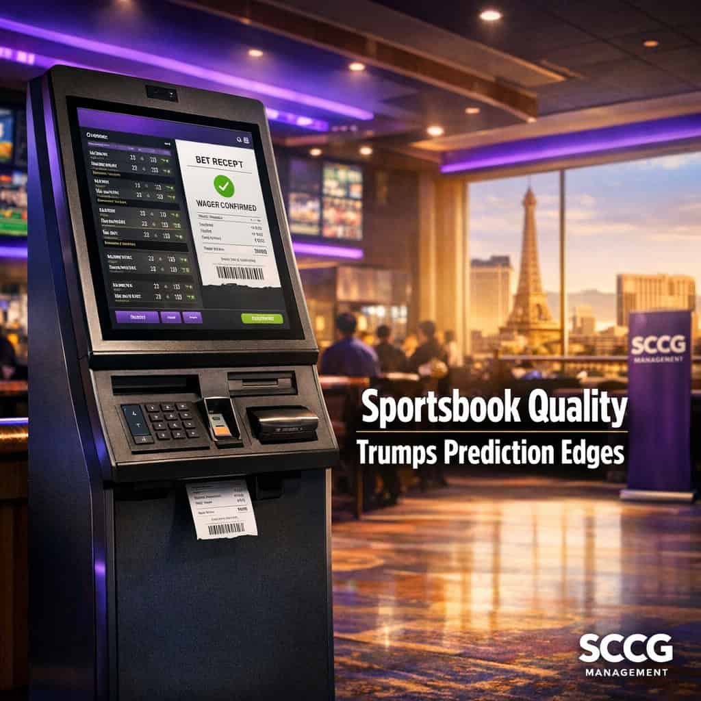 Self-service betting terminal on a sportsbook floor displaying live odds and a confirmed wager receipt under bright daylight.