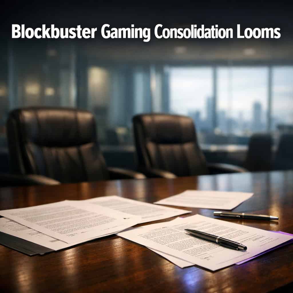 Corporate conference table with legal documents, pens, and warm lighting during an M&A signing ceremony.