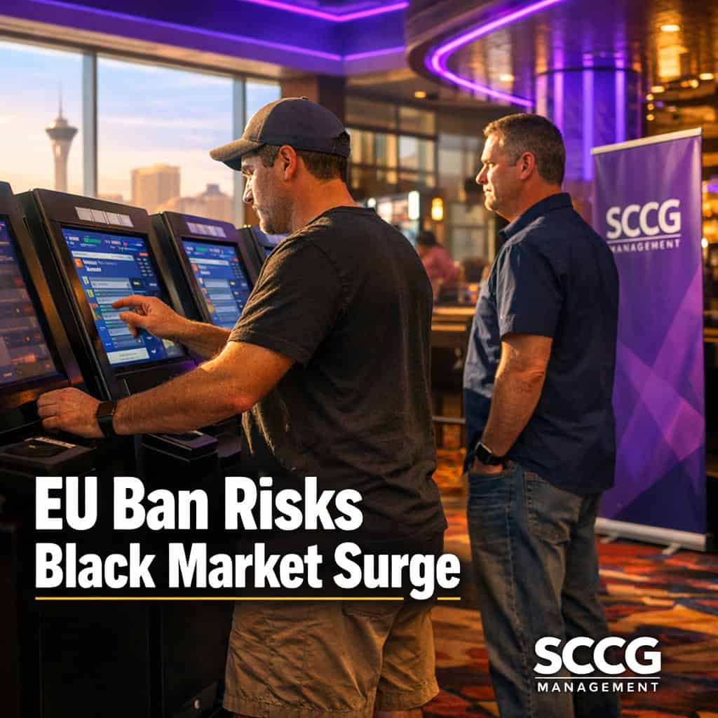 Self-service betting kiosk on a casino concourse with patrons actively placing wagers on the touchscreen.