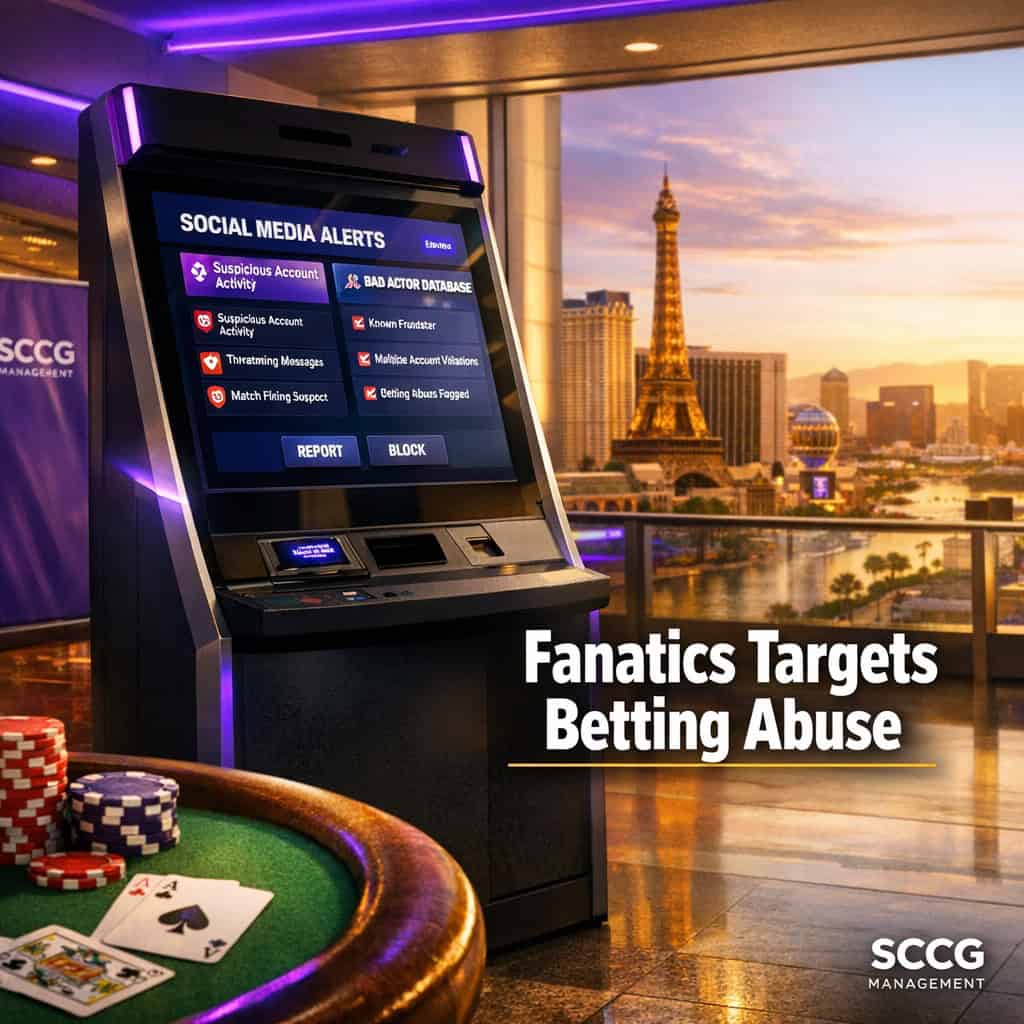 A betting kiosk terminal screen showing social-media monitoring alerts and a shared bad-actor database on a bright concourse.