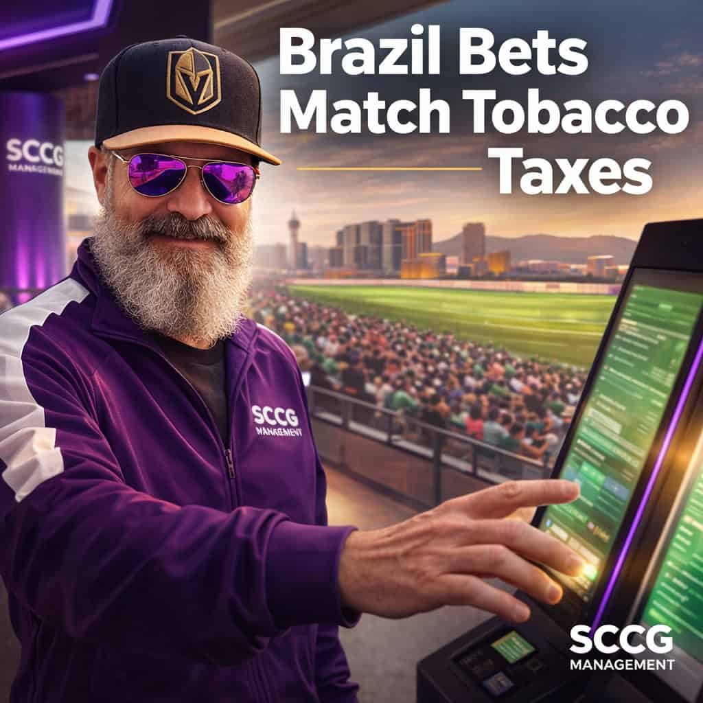 A confident man in a cap points toward a glowing self-service betting kiosk on a bright, busy Brazilian sportsbook floor under stadium daylight.