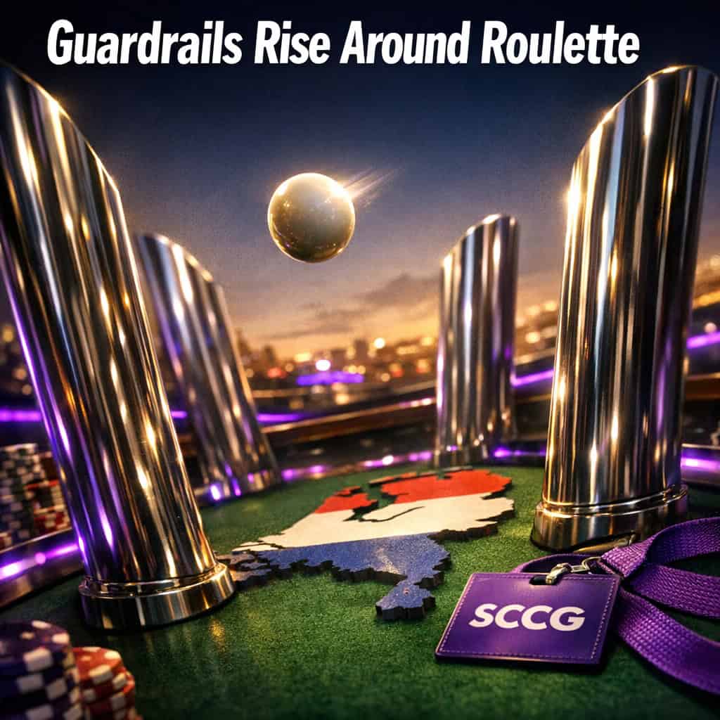 A roulette ball mid-flight arcs above a Dutch map while regulatory guardrails rise from the ground around the wheel.